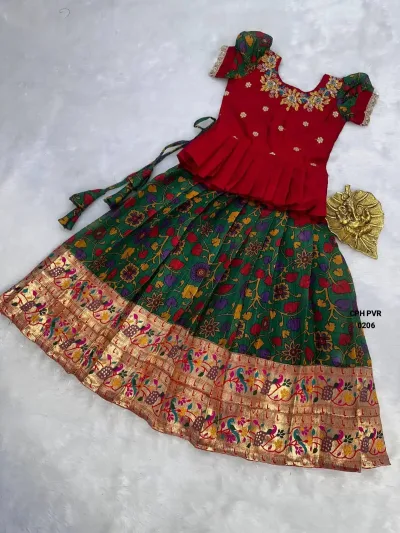 Maroon and Green Kids Pattu Pavadai Sattai